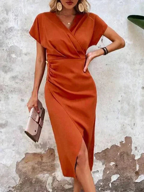 Dames Midi Jurk met Cross-Over Ontwerp Brons