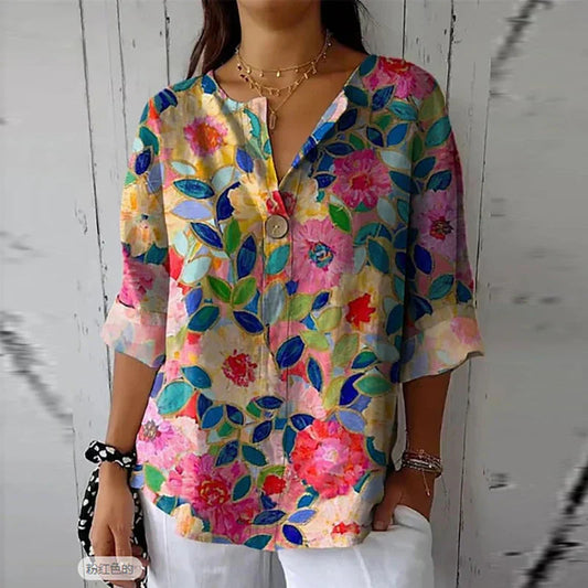 Dames Blouse met Bloemenpatroon en Lange Mouwen Roze Geel