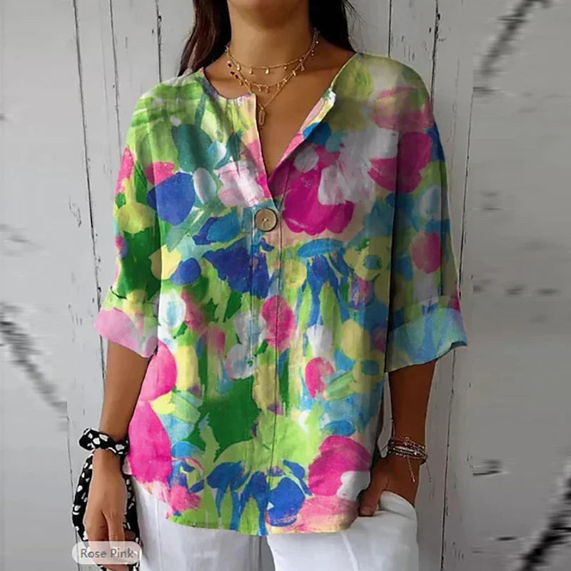Dames Blouse met Bloemenpatroon en Lange Mouwen Lichtgroen Roze