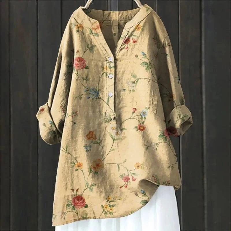 Dames Blouse met Bloemenprint en V-hals Geel