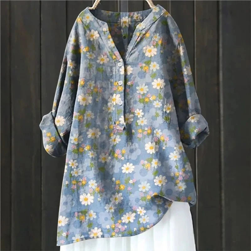 Dames Blouse met Bloemenprint en V-hals Blauw