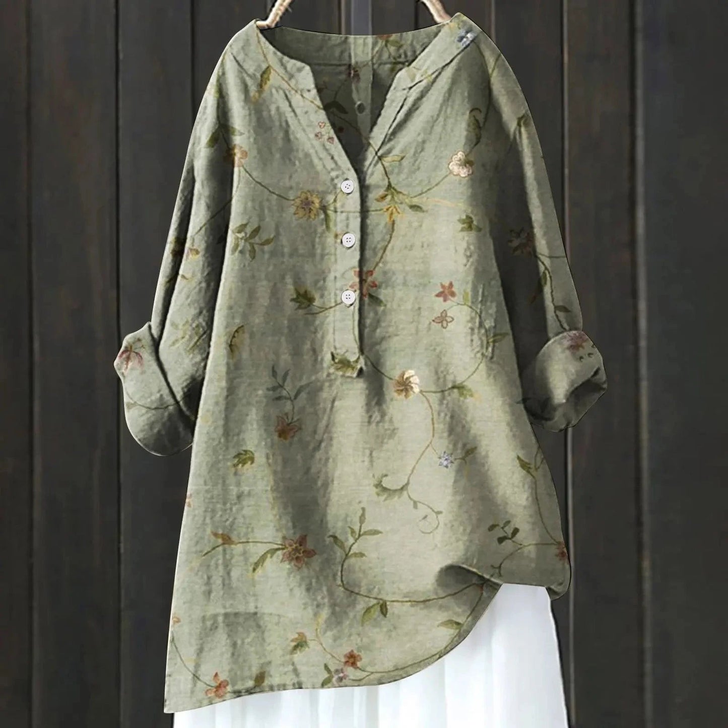 Dames Blouse met Bloemenprint en V-hals Olijfgroen