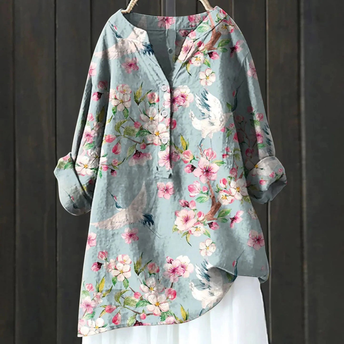 Dames Blouse met Bloemenprint en V-hals Lichtblauw
