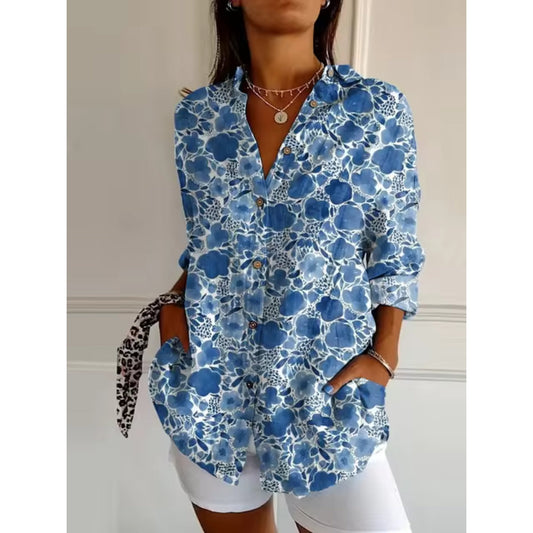 Dames Blouse met Lange Mouwen en Bloemenprint Blauw