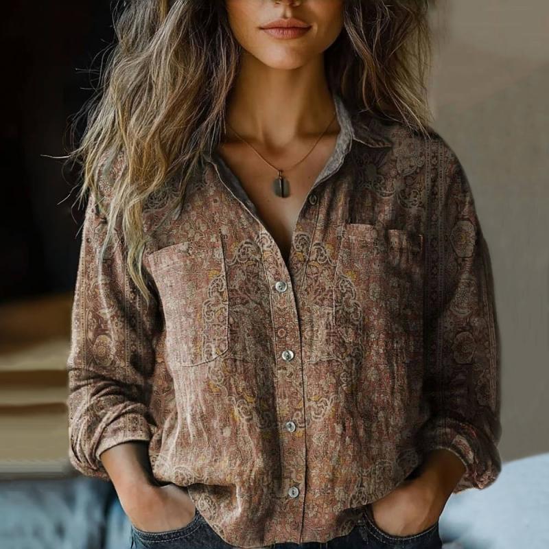 Dames Blouse met Reverskraag en Losse Pasvorm Bohemian Stijl Bruin