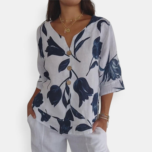 Dames Blouse met V-hals, Halve Mouwen en Bloemenprint