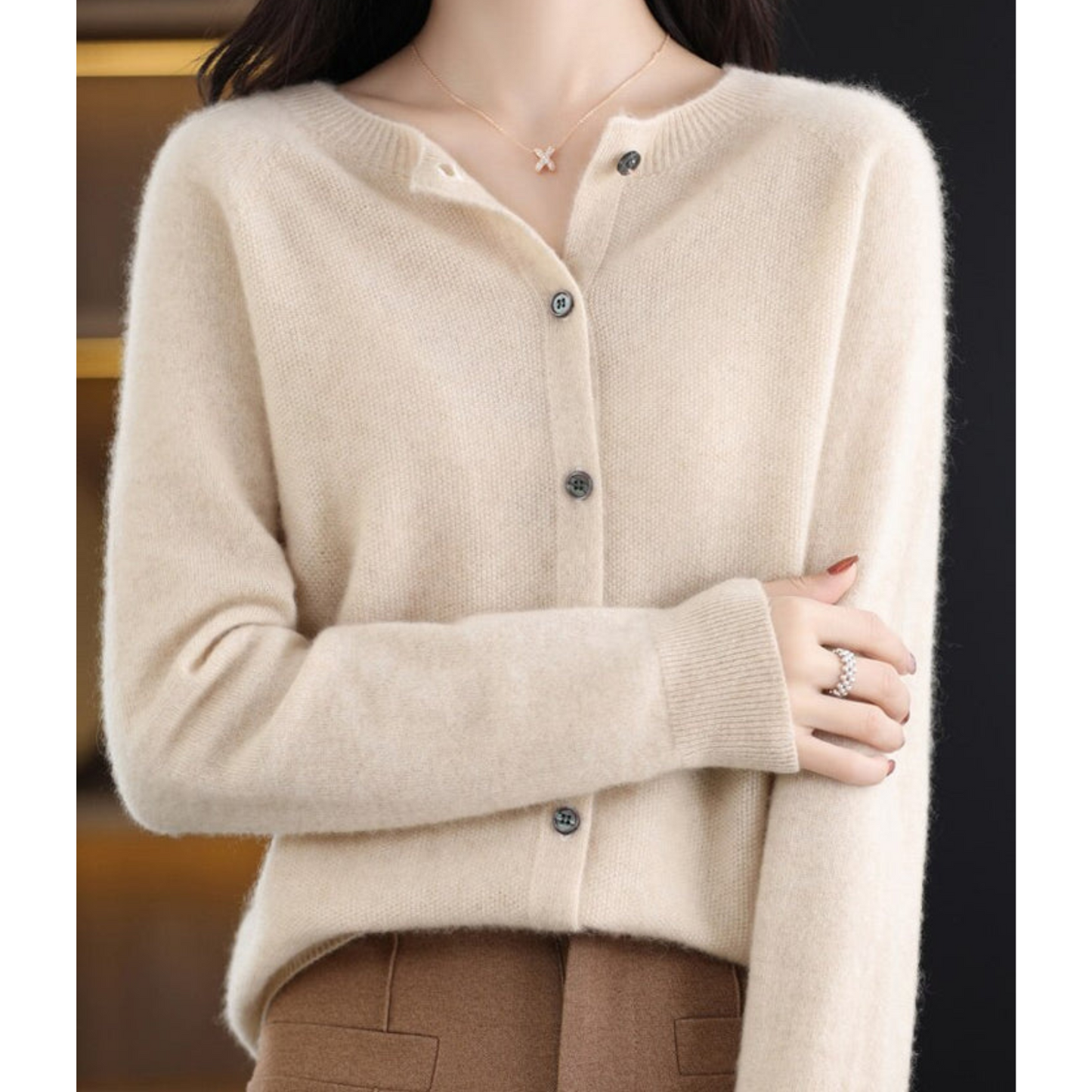 Dames Cardigan met O-hals en Lange Mouwen Khaki