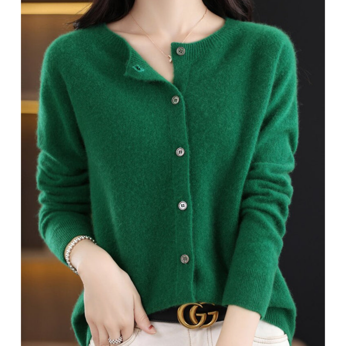 Dames Cardigan met O-hals en Lange Mouwen Donkergroen