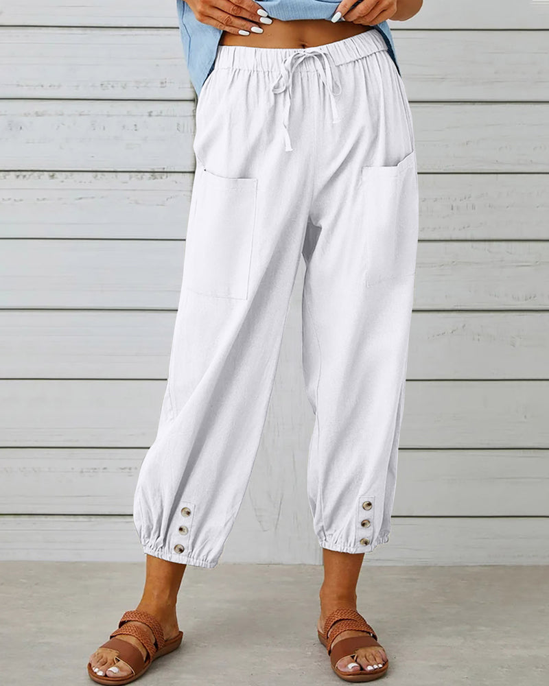Dames Broek met Hoge Taille, Rechte Pijpen en Knoopdetails Wit