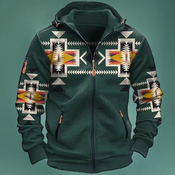 Heren Hoodie Vest met Rits en Etnisch Patroon Donkergroen