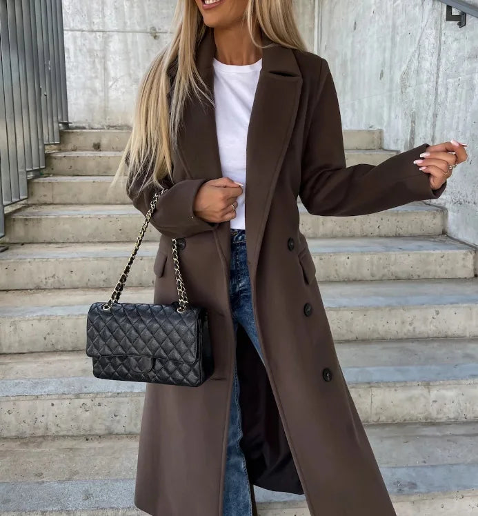 Dames Lange Trenchcoat met Dubbele Rij Knopen Donkerbruin
