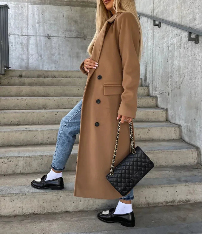 Dames Lange Trenchcoat met Dubbele Rij Knopen