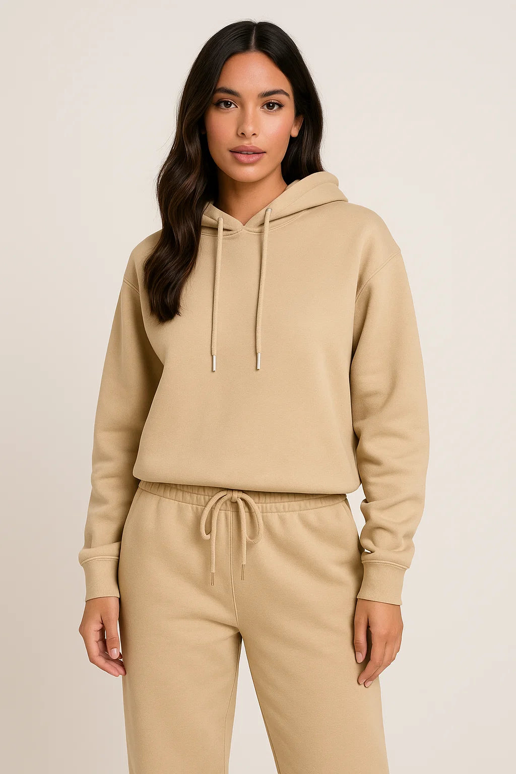 Dames Jogging Set met Cropped Hoodie en Wijde Joggingsbroek Beige