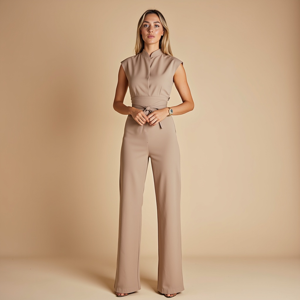 Dames Jumpsuit met Hoge Kraag en Ceintuur