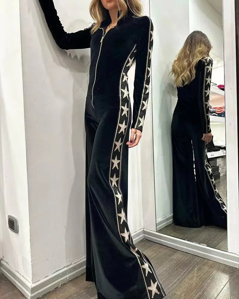 Dames Jumpsuit met Wijde Pijpen en Voorrits met Sterrenprint