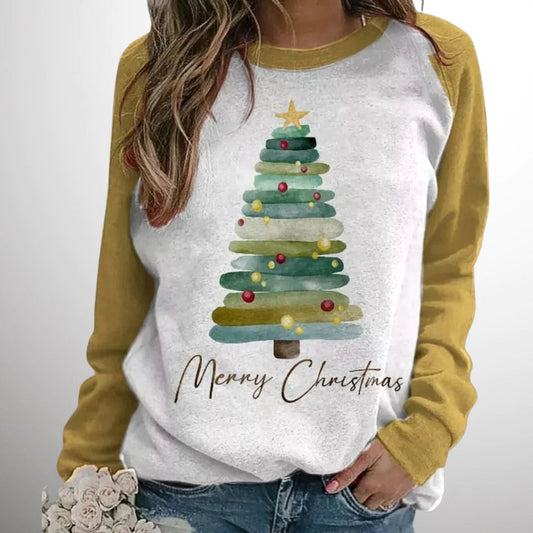 Dames Kersttrui met Kerstboomprint en Contrasterende Mouwen Goud