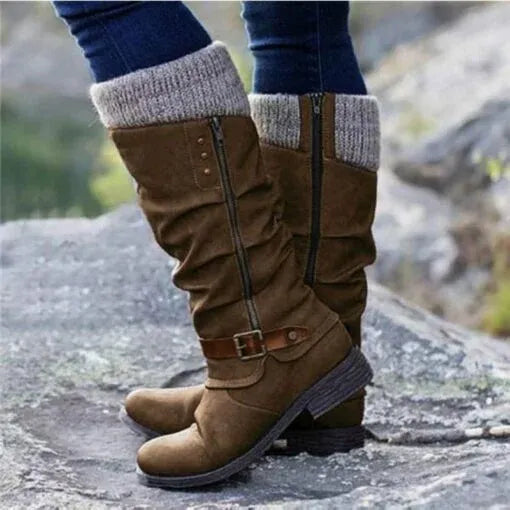 Dames Lange Vintage Laarzen in Ruches Stijl met Gesp Bruin