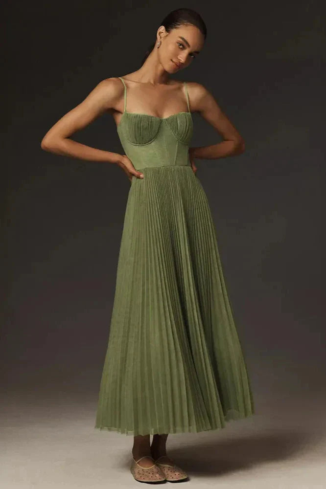 Dames Geplooide Maxi Jurk met Corset Detail Groen Groen