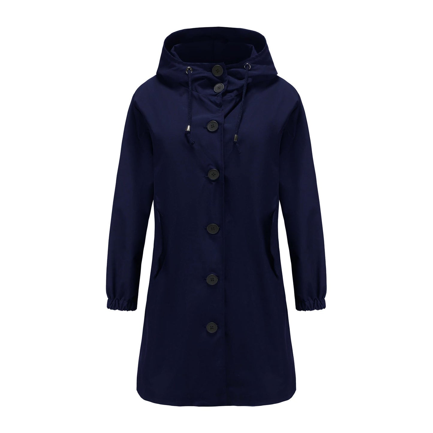 Dames Lange Regenjas met Grote Knopen en Verstelbare Capuchon Donkerblauw