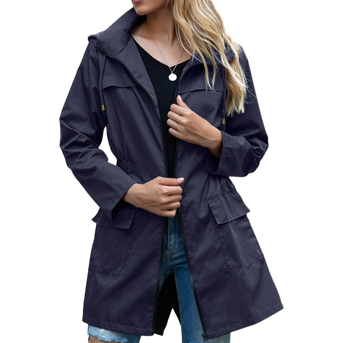 Dames Trenchcoat Regenjas met Geaccentueerde Naden en Praktische Zakken Donkerblauw