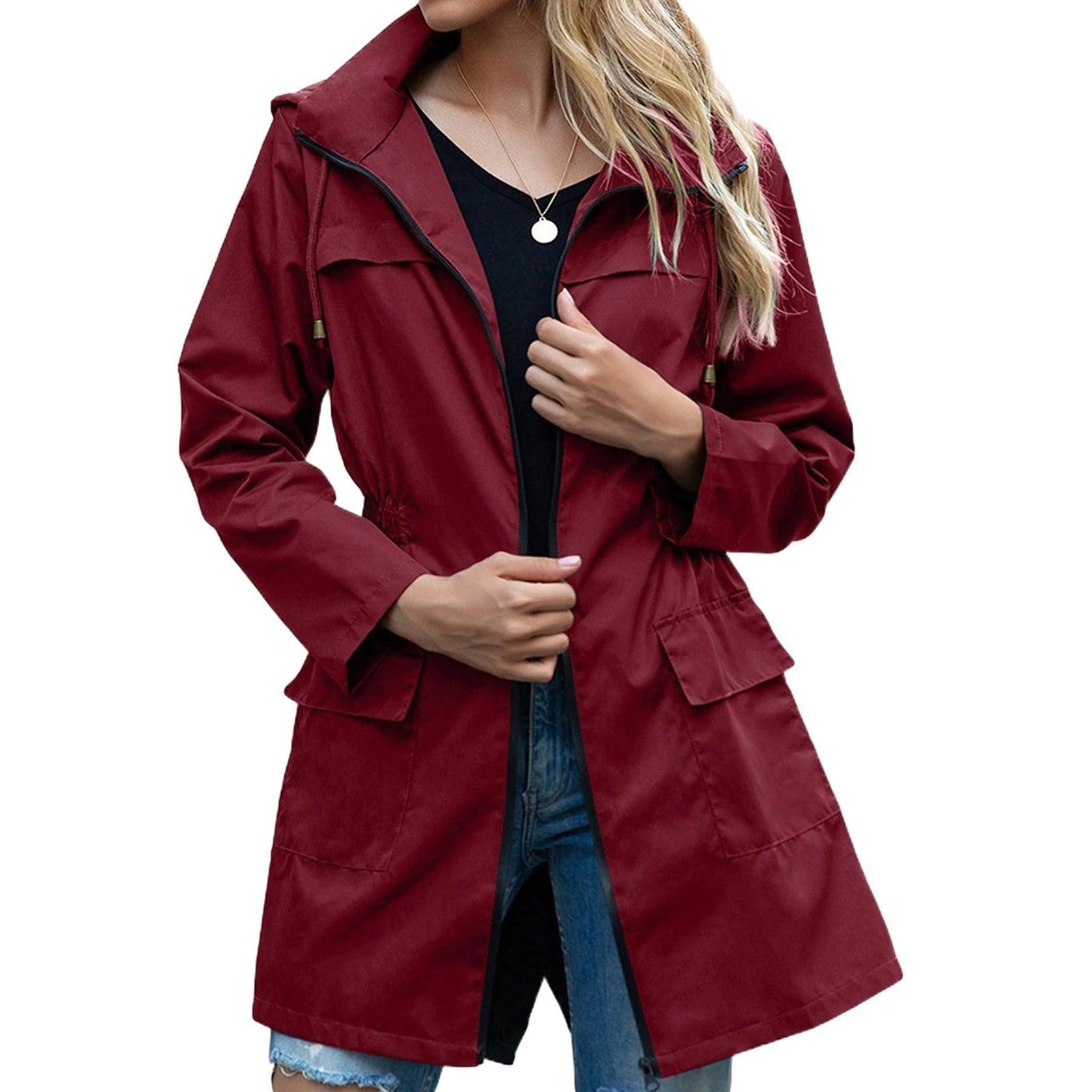 Dames Trenchcoat Regenjas met Geaccentueerde Naden en Praktische Zakken Bordeauxrood