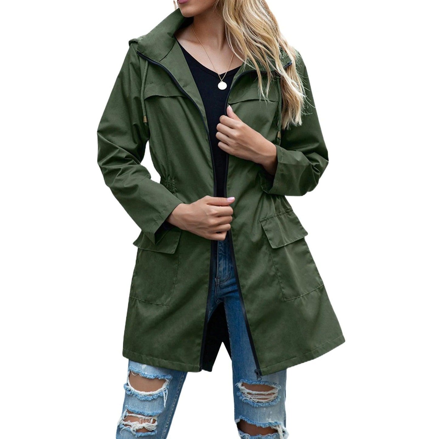 Dames Trenchcoat Regenjas met Geaccentueerde Naden en Praktische Zakken Olijfgroen