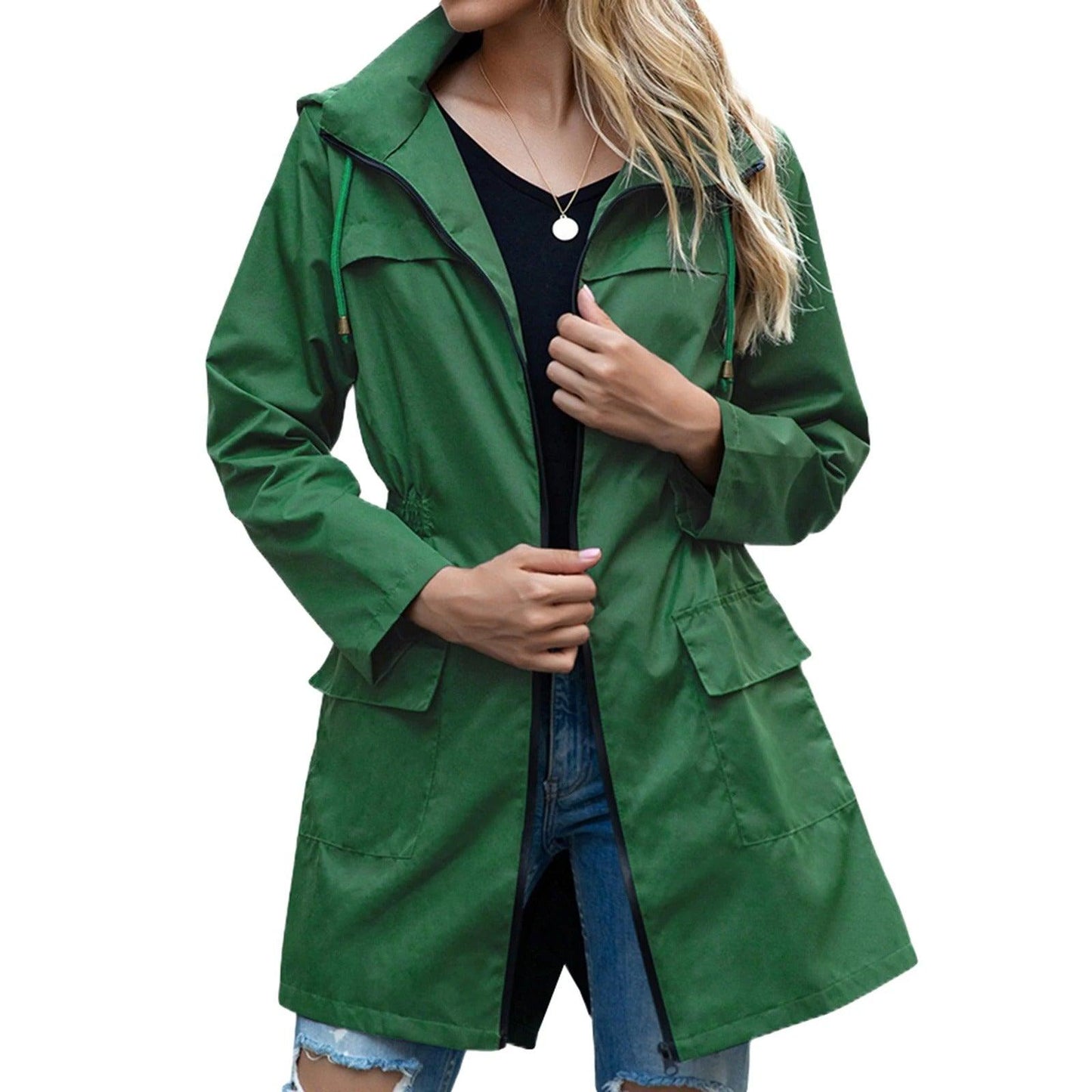 Dames Trenchcoat Regenjas met Geaccentueerde Naden en Praktische Zakken Groen