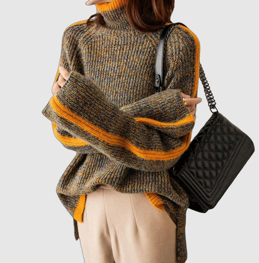Dames Oversized Trui Gebreid met Asymmetrische Zoom en Oranje Details