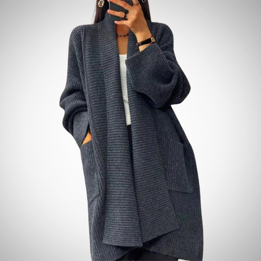 Dames Lang Cardigan Vest met Geribbelde Textuur en Oversized Pasvorm Grijs