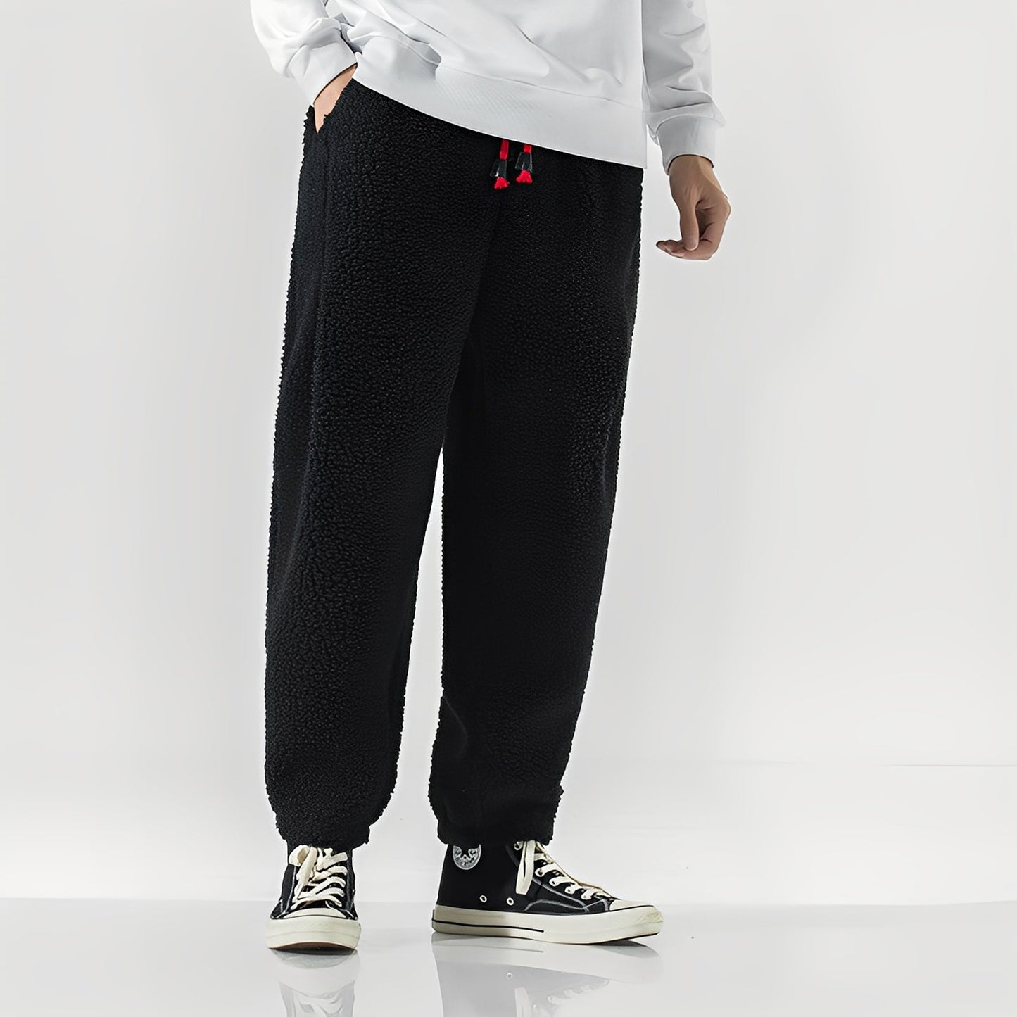 Heren Broek met Elastische Taille, Trekkoord en Ruime Pijpen Zwart