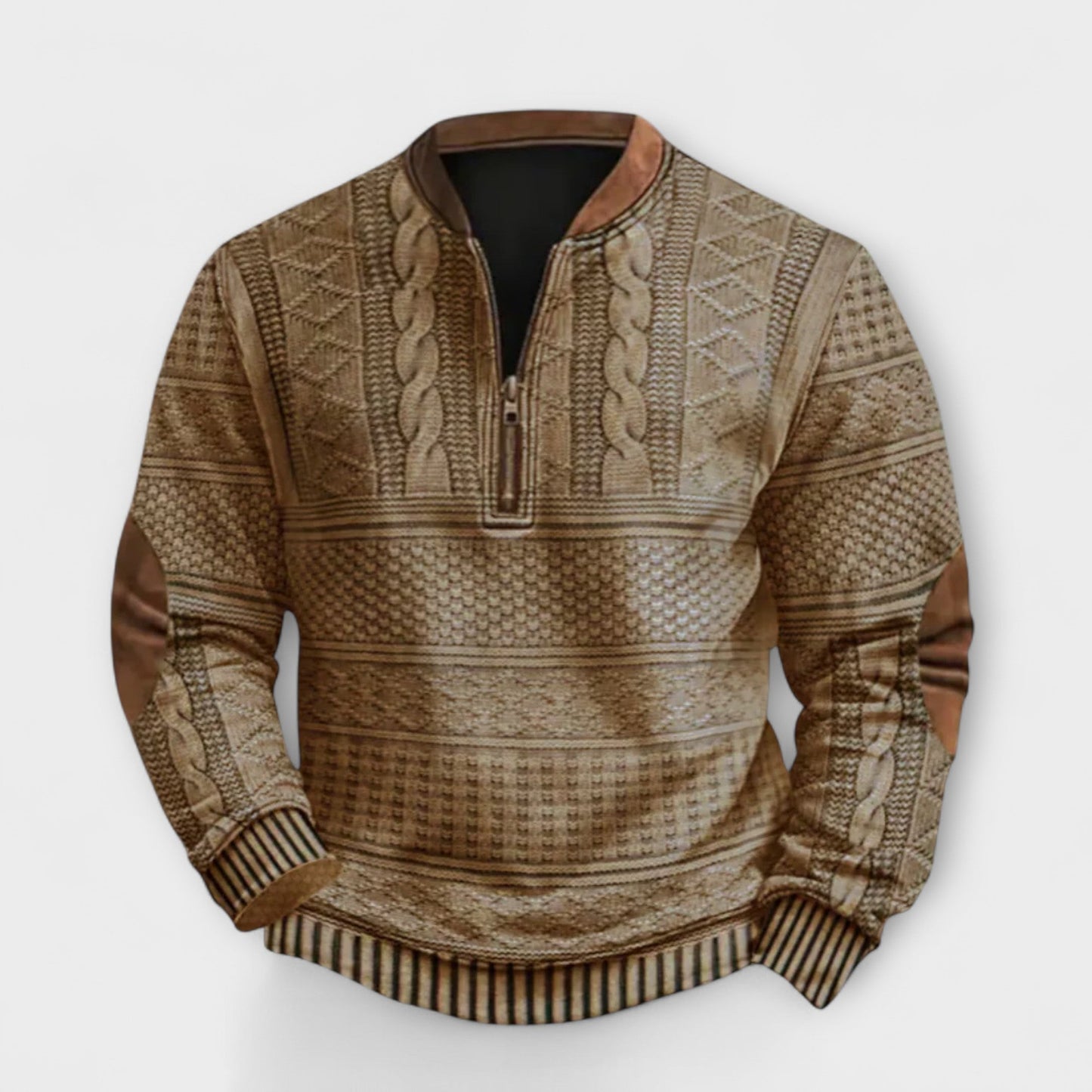 Heren Trui met Halve Rits en Elleboogstukken - Kabelpatroon Beige