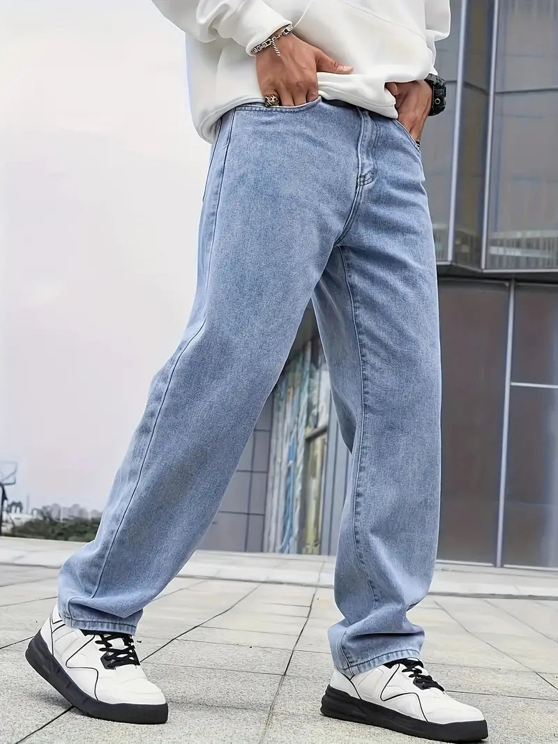 Heren Jeans met Rechte Pijpen en Lichte Wassing Blauw