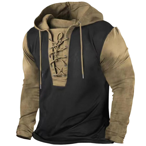 Heren Hoodie met Vetersluiting in Vintage Stijl Khaki Zwart