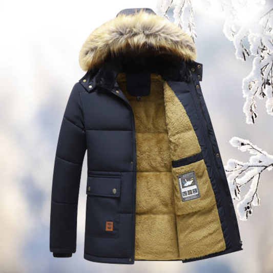 Heren Winterjas Parka met Bontgevoerde Capuchon en Fleecevoering Marineblauw