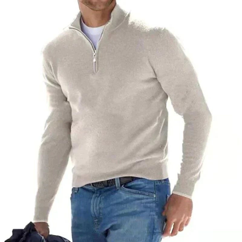 Heren Pullover Trui met Halve Rits Gebroken Wit