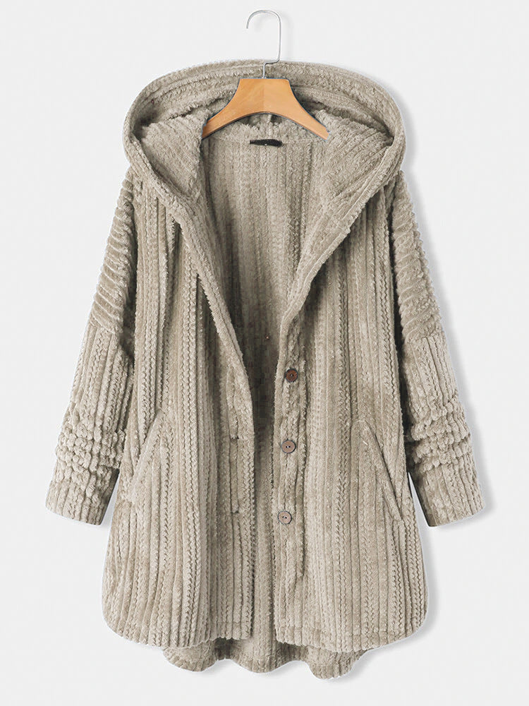Dames Lange Winterjas Gebreid met Capuchon Khaki