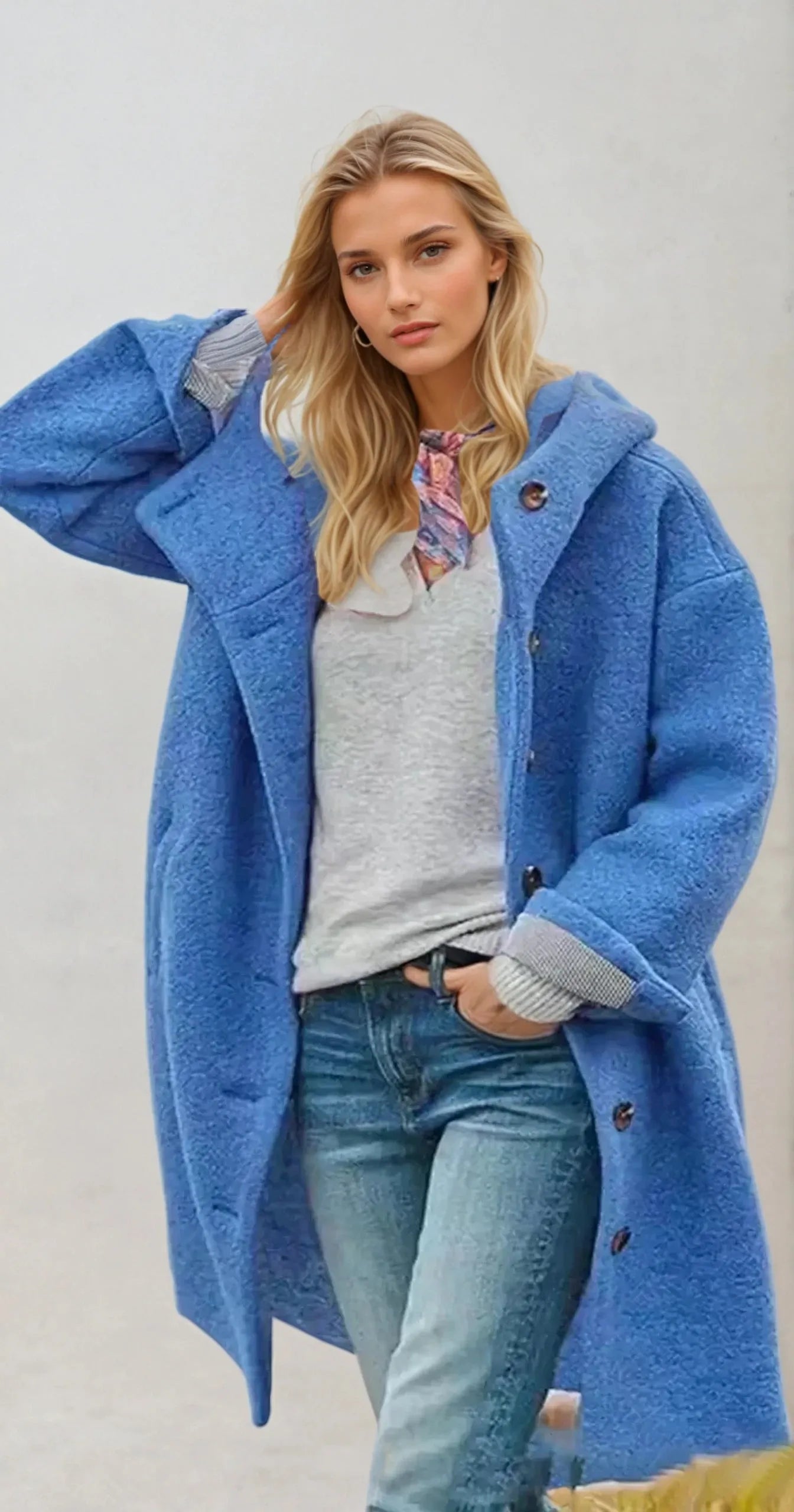 Dames Lange Trenchcoat met Hoogsluitende Kraag voor de Winter Blauw