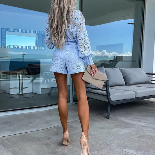 Dames Tweedelige Kanten Set met Top en Hoge Taille Short