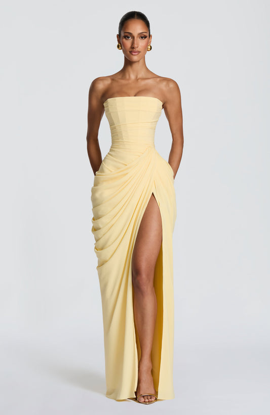 Dames Avondjurk Strapless Maxi met Corset en Gedrapeerde Split
