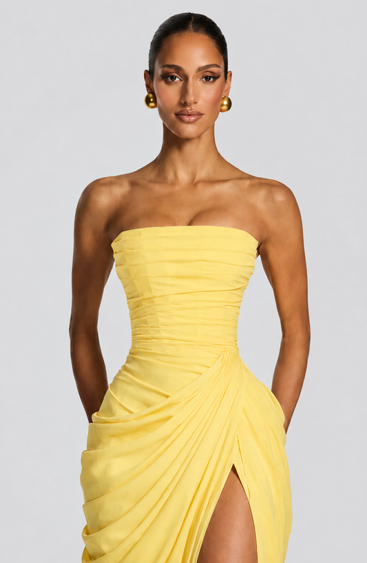 Dames Avondjurk Strapless Maxi met Corset en Gedrapeerde Split