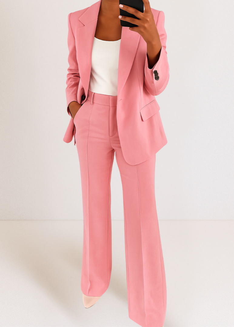 Dames Blazer Broekpak Set met Wide Leg Broek en Reverskraag Roze