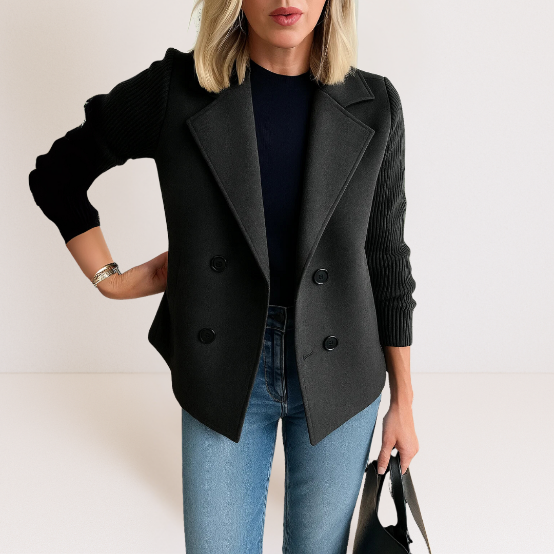 Dames Blazer Dubbelrij met Gebreide Mouwen Zwart
