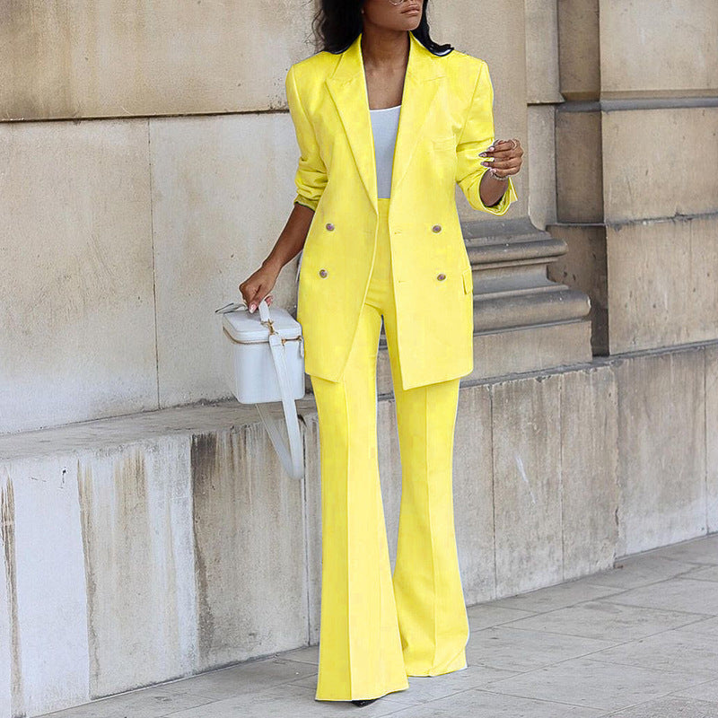 Dames Blazer Set met Flared Broek Dubbele Rij Knopen en Lange Mouw Geel