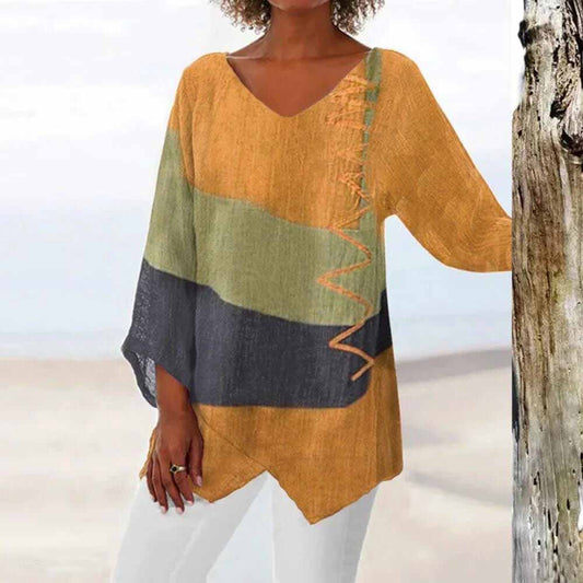 Dames Blouse Driekwart Mouw met V-hals en Kleurblok Dessin Geel