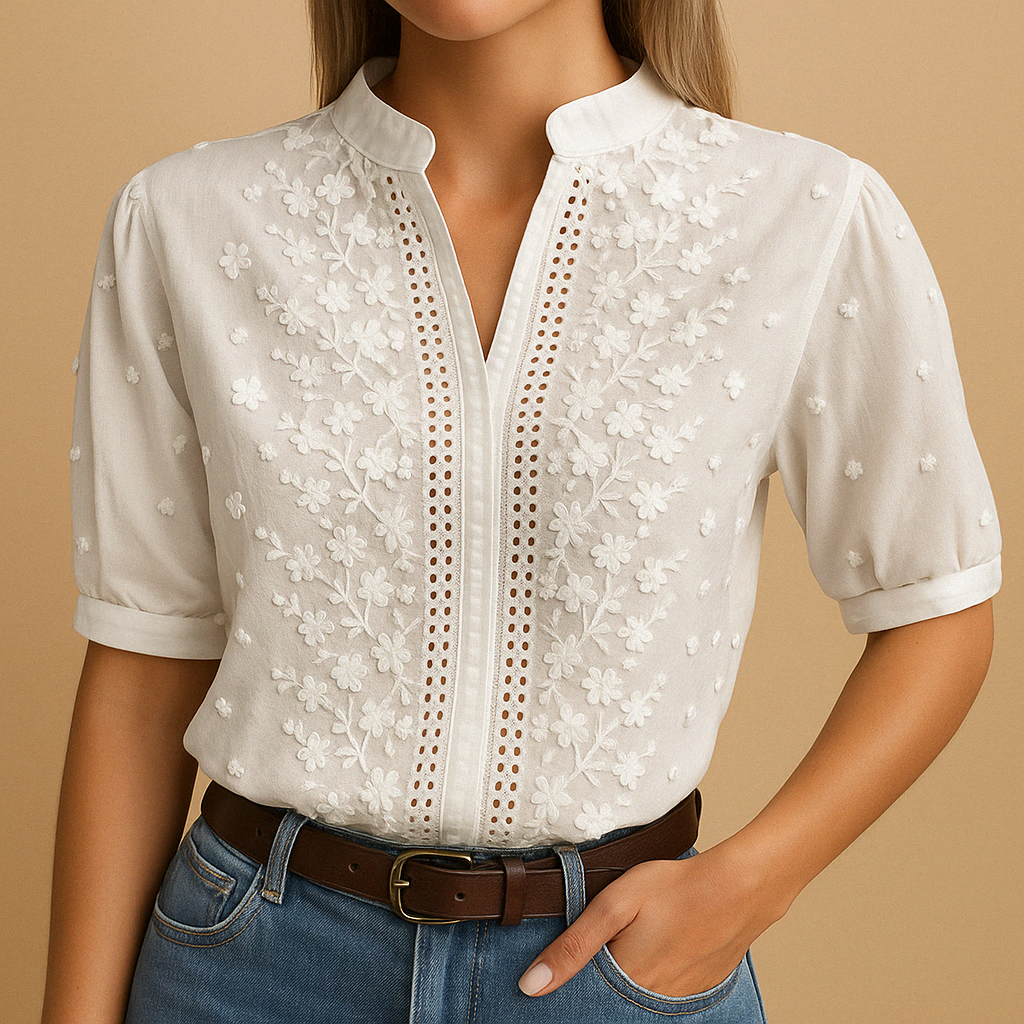 Dames Blouse Korte Mouw met Bloemborduursel en V-hals