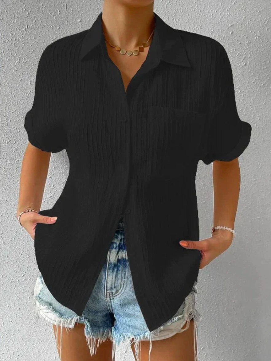 Dames Blouse Korte Mouw met Knoopsluiting en Borstzakje Oversized Zwart