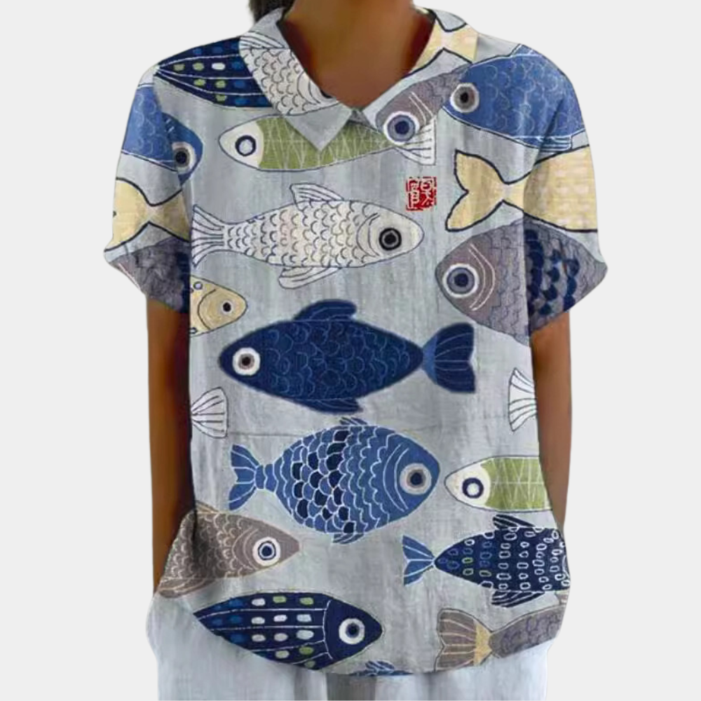 Dames Blouse Korte Mouw met Kraag en Bloemenprint Blauw