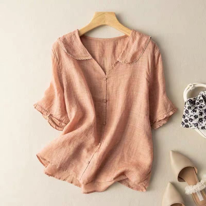 Dames Blouse Korte Mouw met Peter Pan Kraag en Knoopsluiting