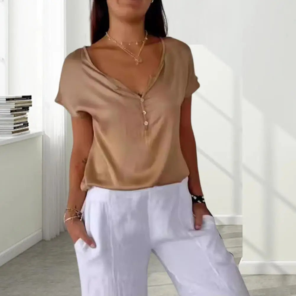 Dames Blouse Korte Mouw met V-hals en Knoopsluiting Beige
