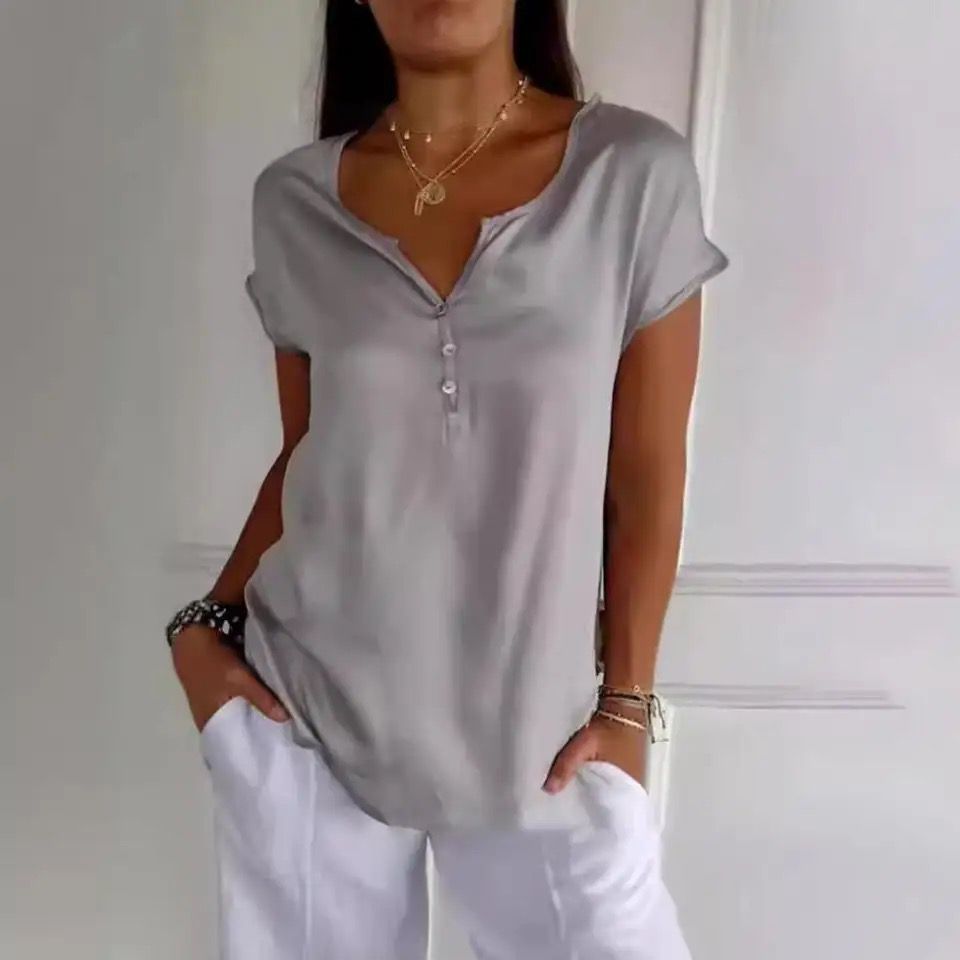 Dames Blouse Korte Mouw met V-hals en Knoopsluiting Grijs